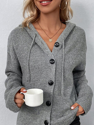 Drawstring Button Up Hooded Cardigan - Sydney So Sweet