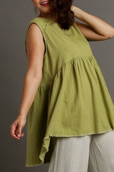 Umgee Full Size Raw Hem Linen Round Neck Sleeveless Top Plus Size - Sydney So Sweet