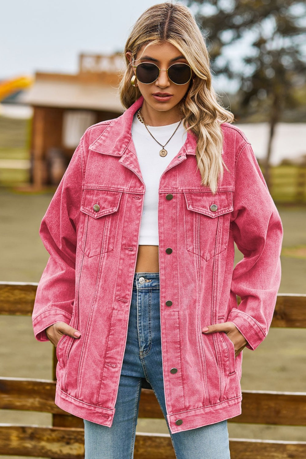 Buttoned Collared Neck Denim Jacket with Pockets - Sydney So Sweet