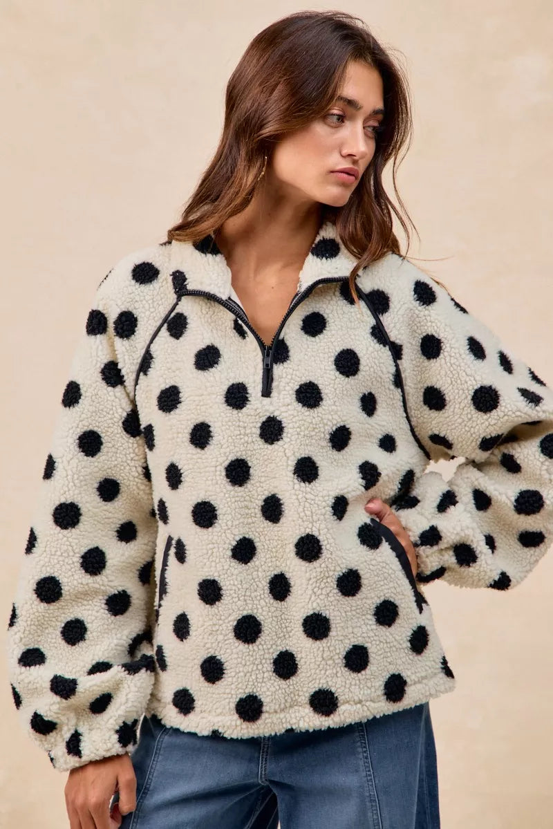 BiBi Polka Dot Sherpa Half Zip Up Top with Side Pocket - Sydney So Sweet