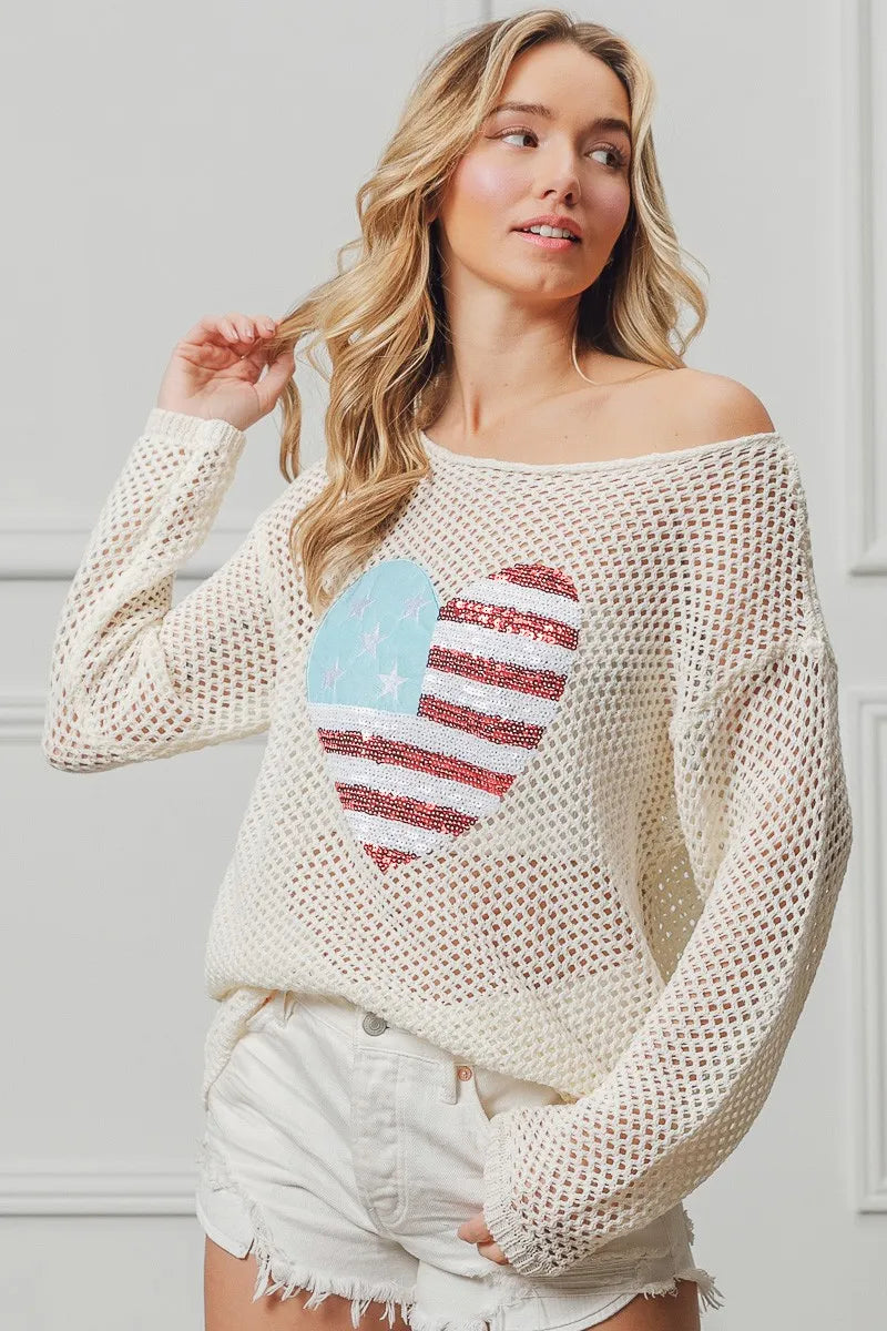 BiBi Sequin American Flag Heart Knit Up - Sydney So Sweet
