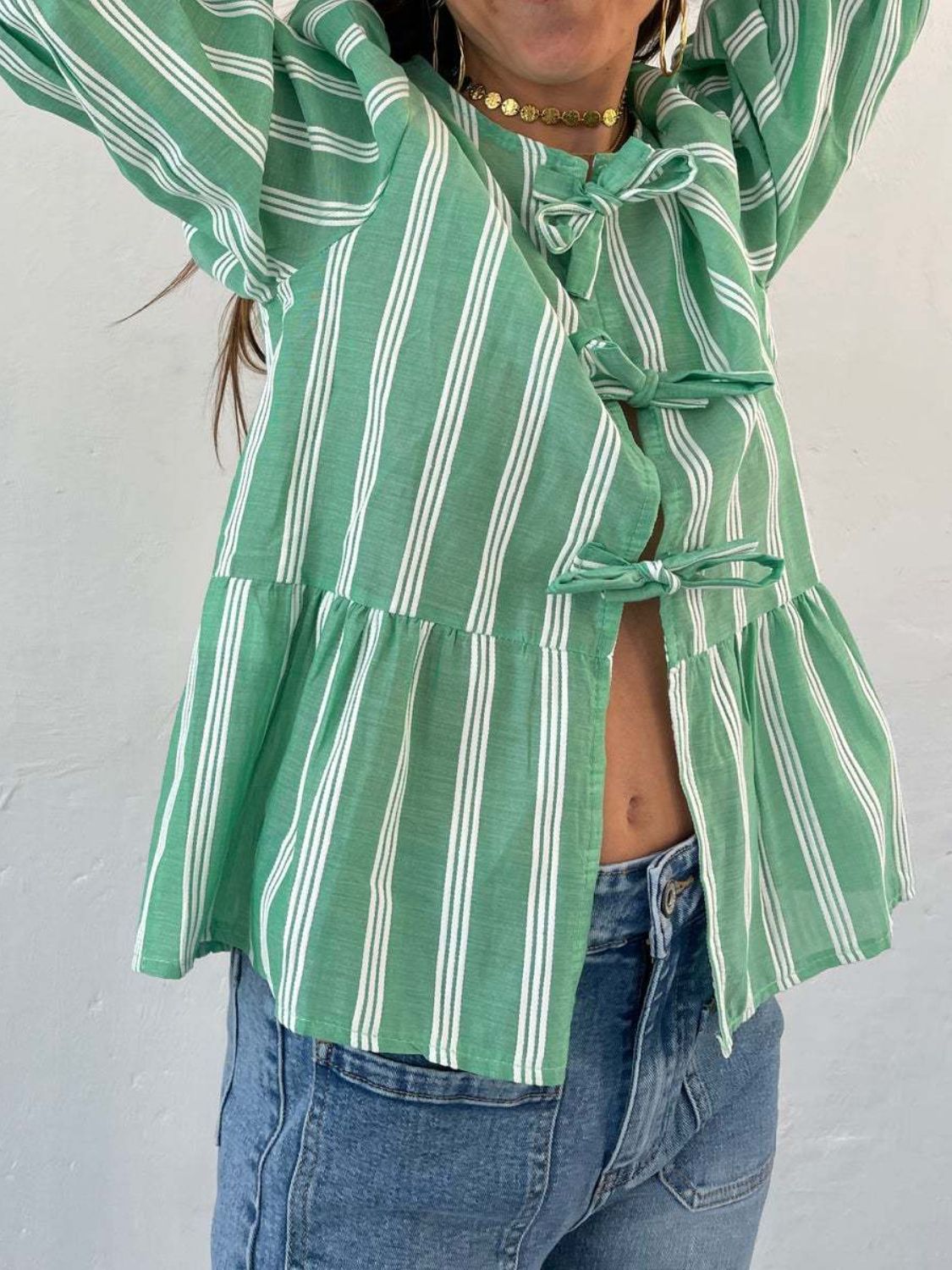 Tied Round Neck Balloon Sleeve Shirt - Sydney So Sweet