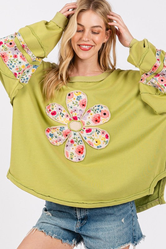 SAGE + FIG Daisy Patch Applique Long Sleeve Sweatshirt - Sydney So Sweet