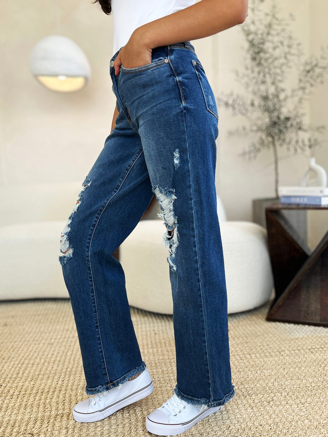Judy Blue Full Size Mid Rise Distressed Raw Hem Jeans - Sydney So Sweet