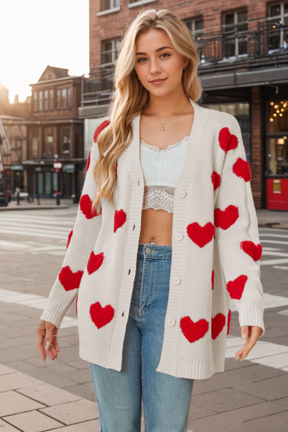 Heart Button Down Long Sleeve Cardigan - Sydney So Sweet