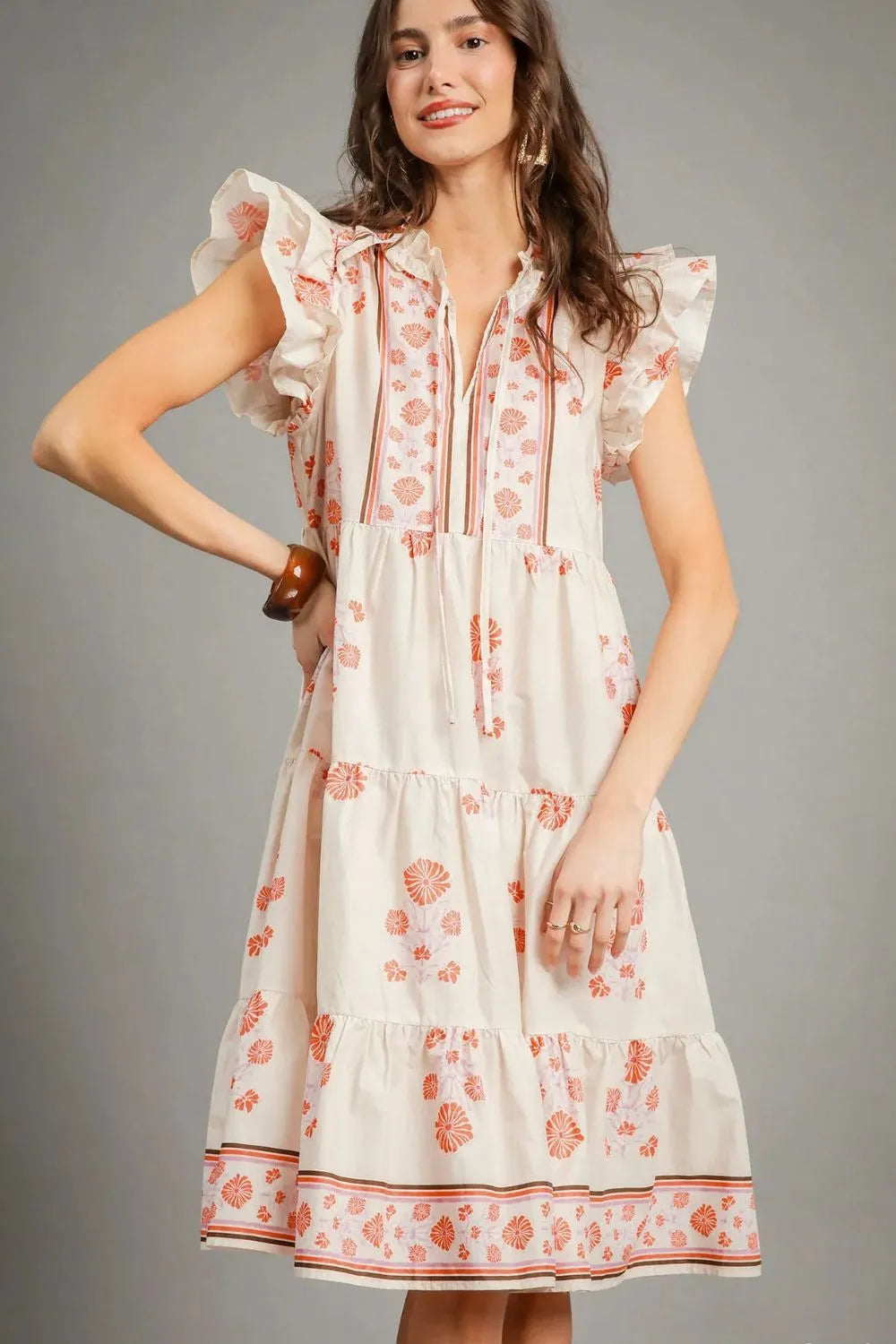 Umgee Printed Tie Neck Ruffle Cap Sleeve Dress - Sydney So Sweet