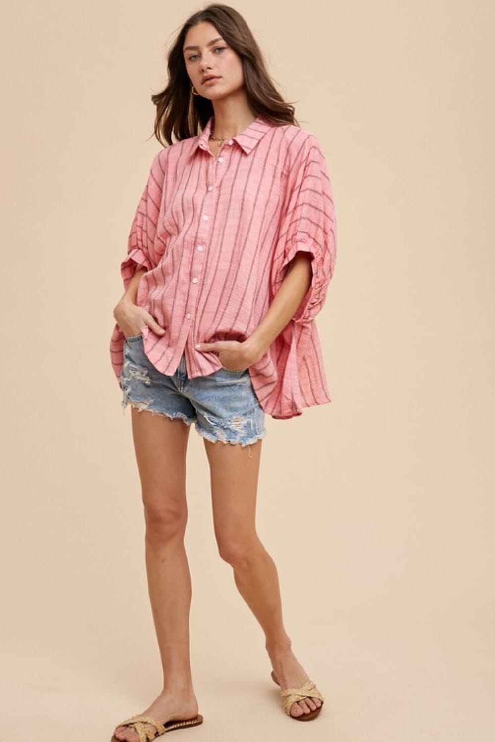 Annie Wear Striped Button Up Half Sleeve Shirt - Sydney So Sweet