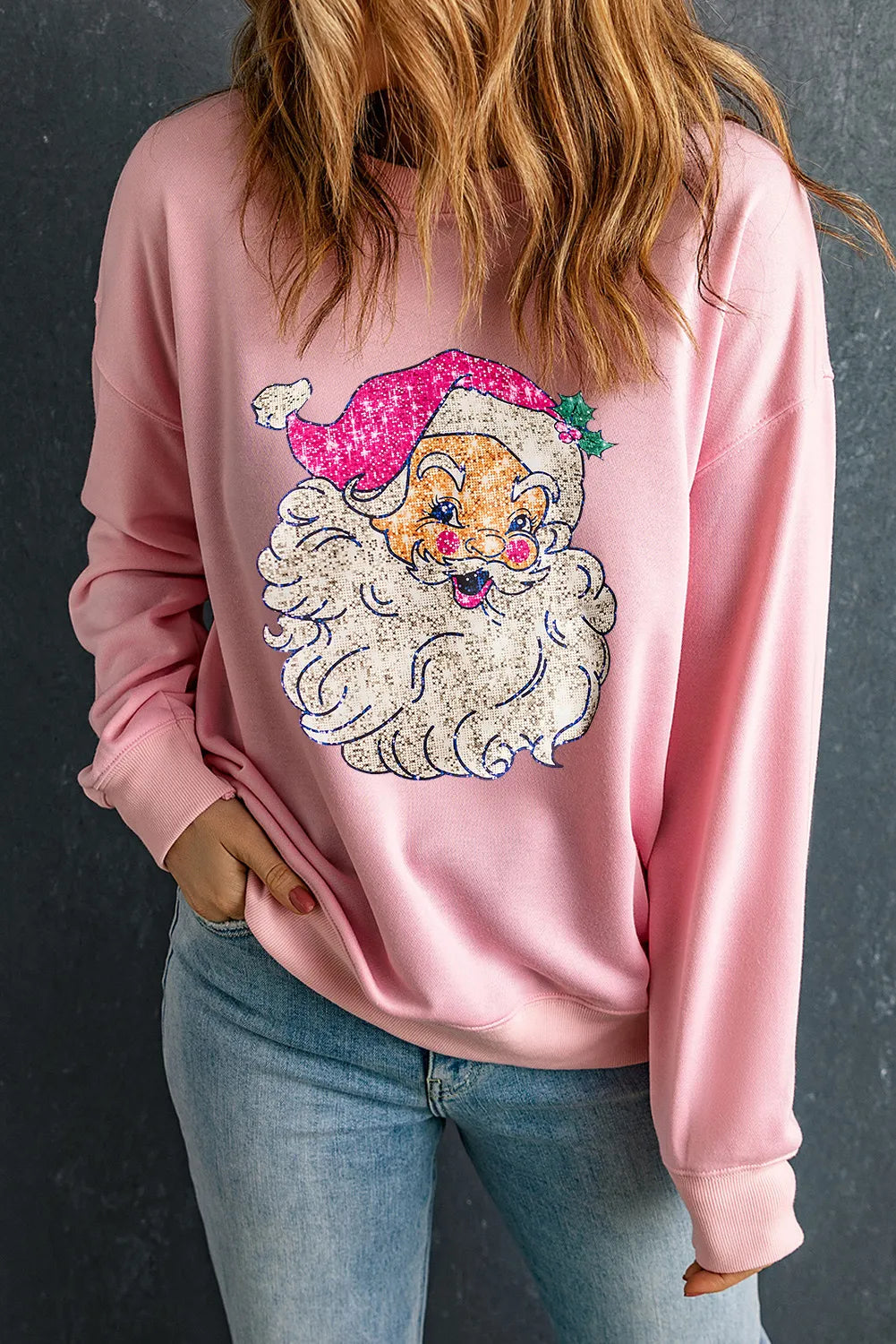 Santa Pink Round Neck Long Sleeve Sweatshirt - Sydney So Sweet