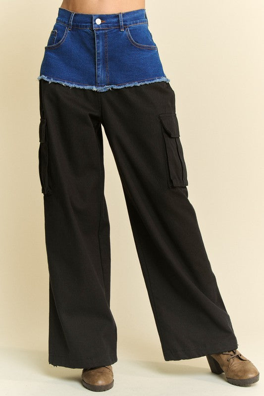 Davi &amp; Dani Denim Patchwork Wide Leg Pants with Cargo Pockets - Sydney So Sweet