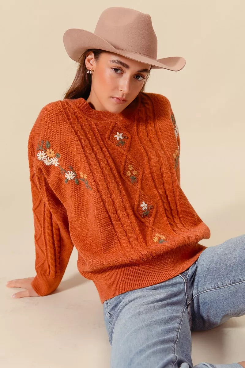 SO ME Embroidered Flower Cable Knitted Sweater - Sydney So Sweet