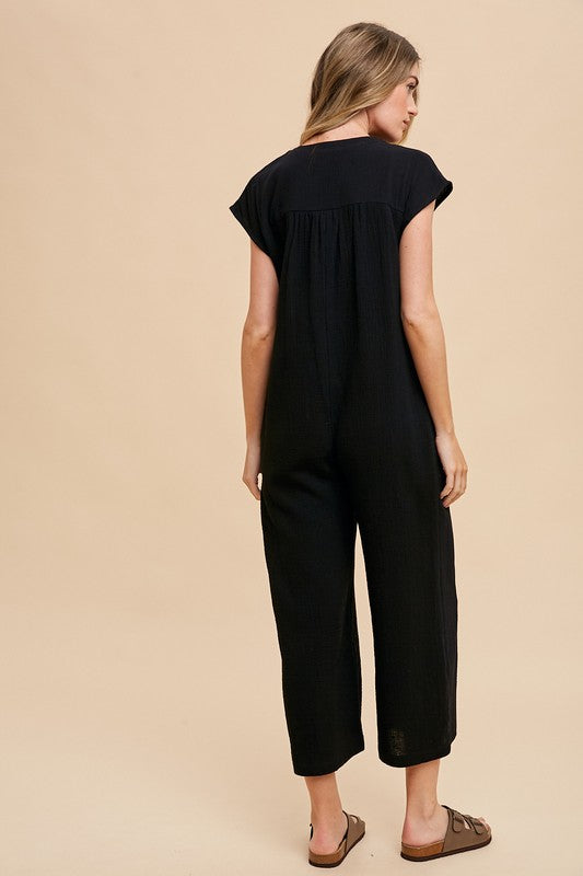 Annie Wear Button Detail Wide Leg Jumpsuit with Pockets - Sydney So Sweet