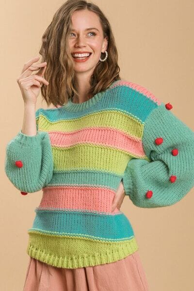 Umgee Full Size Color Block Cable Knit Sweater with Pom Pom Plus Size - Sydney So Sweet