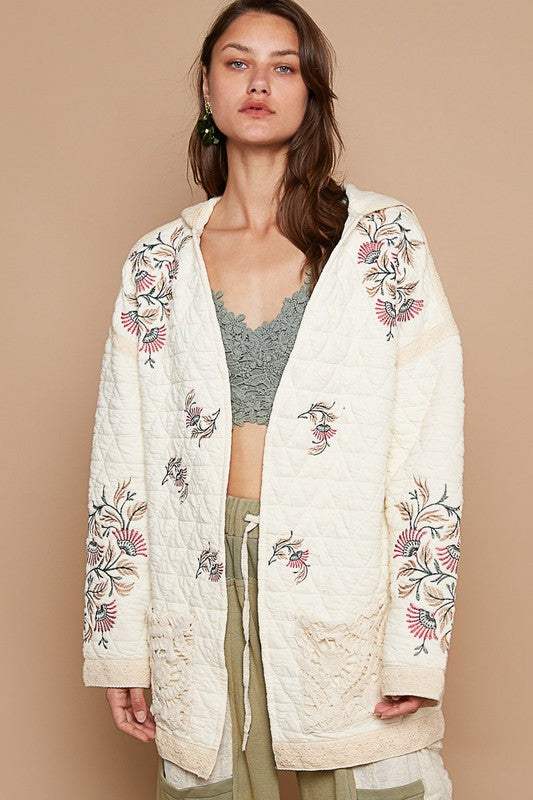 POL Embroidered Open Front Quilted Jacket with Crochet Pockets - Sydney So Sweet