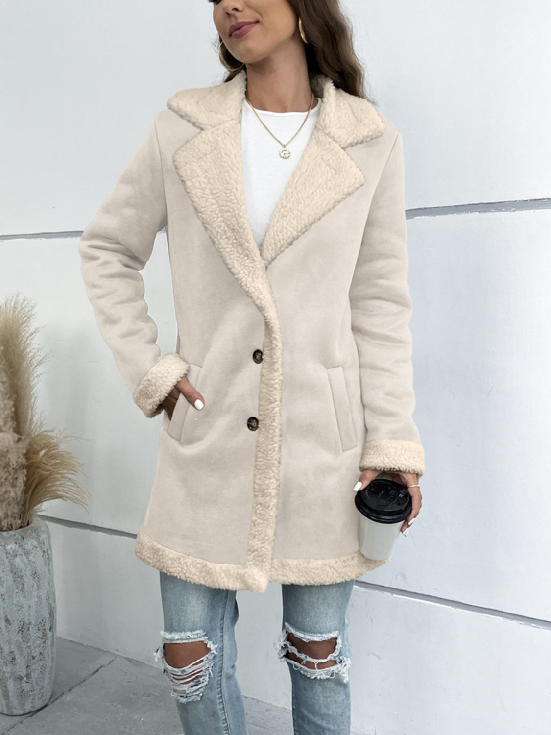 Contrast Button Up Lapel Collar Long Sleeve Coat - Sydney So Sweet