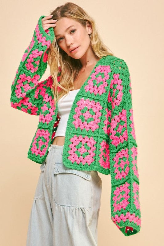 Davi &amp; Dani Full Size Two Tone Flower Square Crochet Open Front Cardigan - Sydney So Sweet