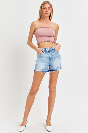 RISEN High Rise Distressed Hem Denim Shorts - Sydney So Sweet