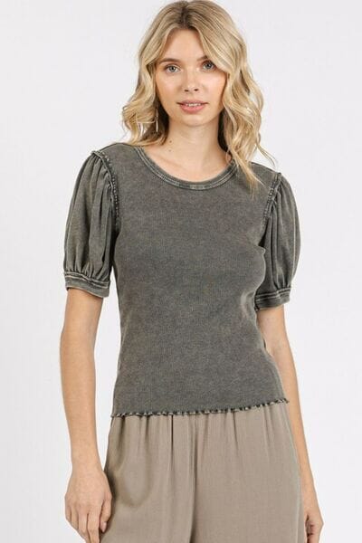 Mittoshop Mineral Wash Puff Sleeve Rib Knit Top - Sydney So Sweet