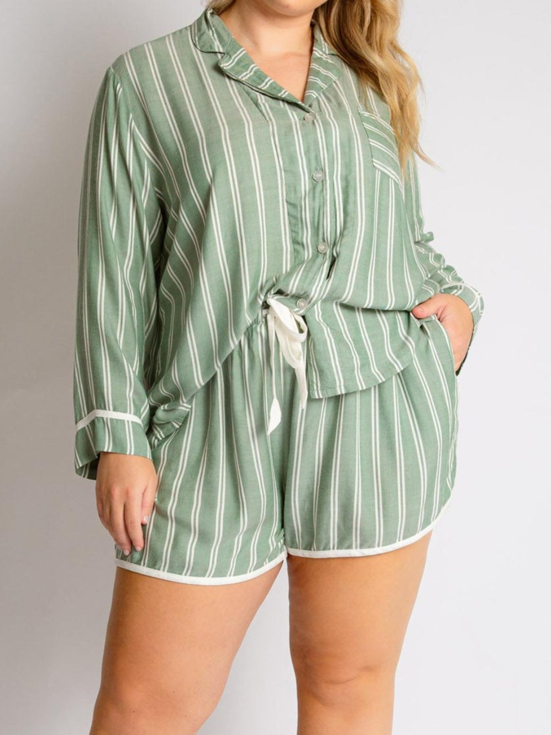 Striped Collared Neck Long Sleeve Top and Shorts Lounge Set - Sydney So Sweet