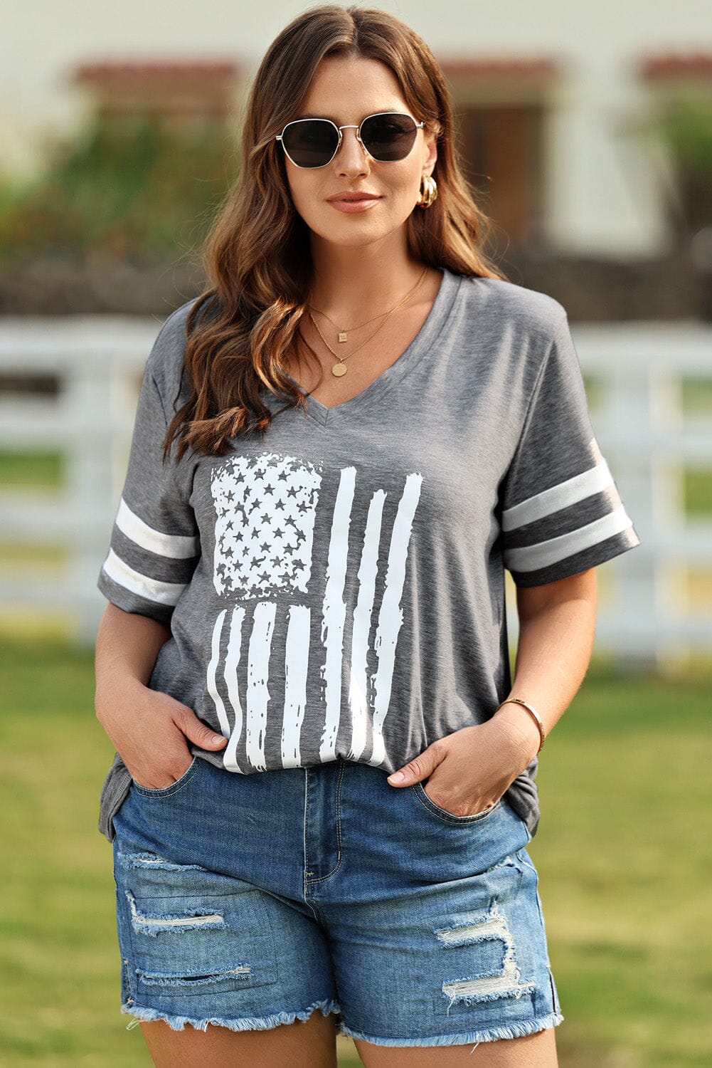 Plus Size US Flag Graphic V-Neck Tee - Sydney So Sweet