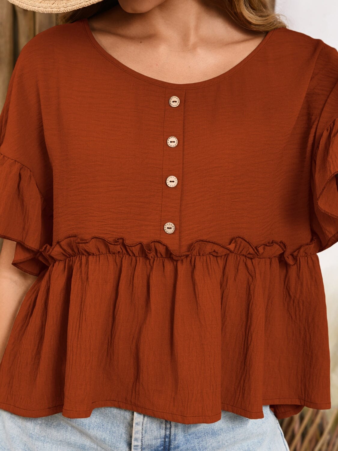 Frill Decorative Button Round Neck Half Sleeve Blouse - Sydney So Sweet