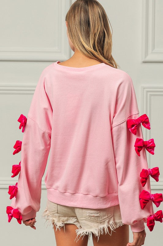 BiBi Velvet Ribbon Bows Long Sleeve Round Neck Sweatshirt - Sydney So Sweet