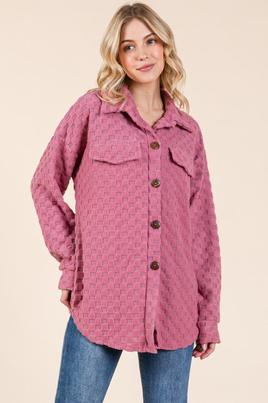 BOMBOM Checkered Button Down Dropped Shoulder Shacket - Sydney So Sweet