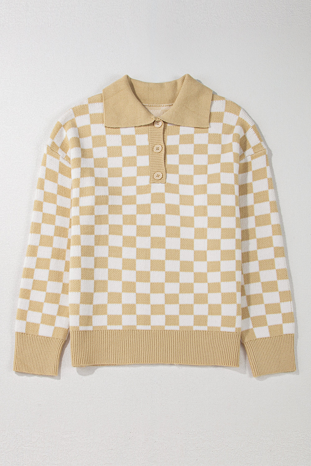 Checkered Collared Neck Long Sleeve Sweater - Sydney So Sweet