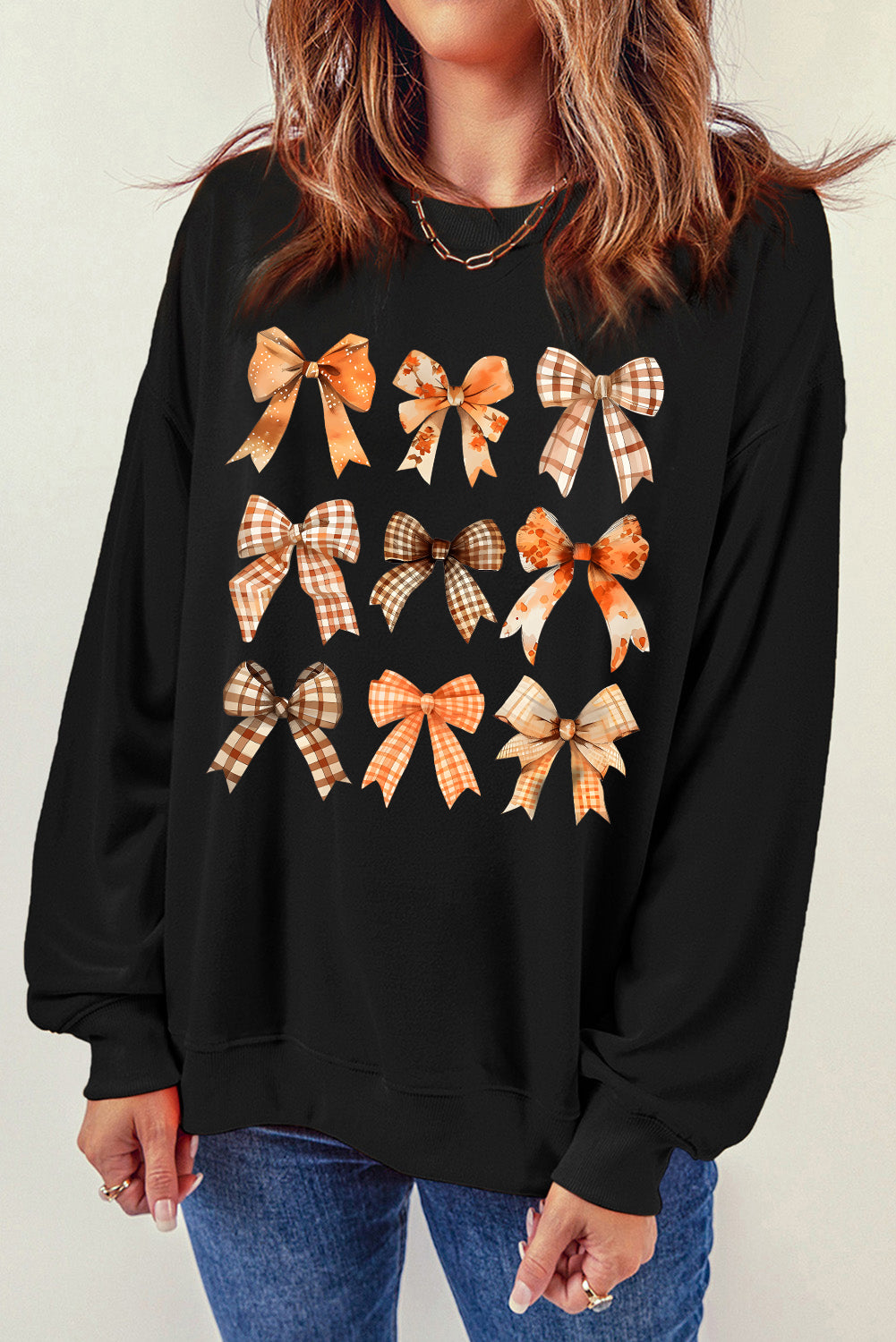 Bow Graphic Round Neck Long Sleeve Fall Sweatshirt - Sydney So Sweet