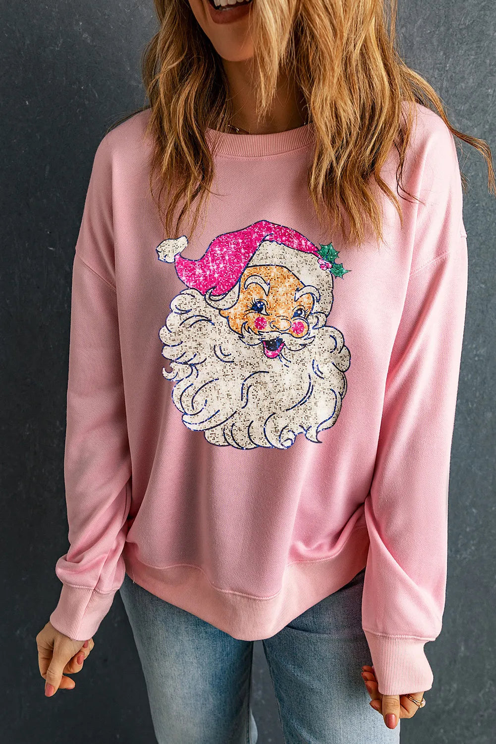 Santa Pink Round Neck Long Sleeve Sweatshirt - Sydney So Sweet