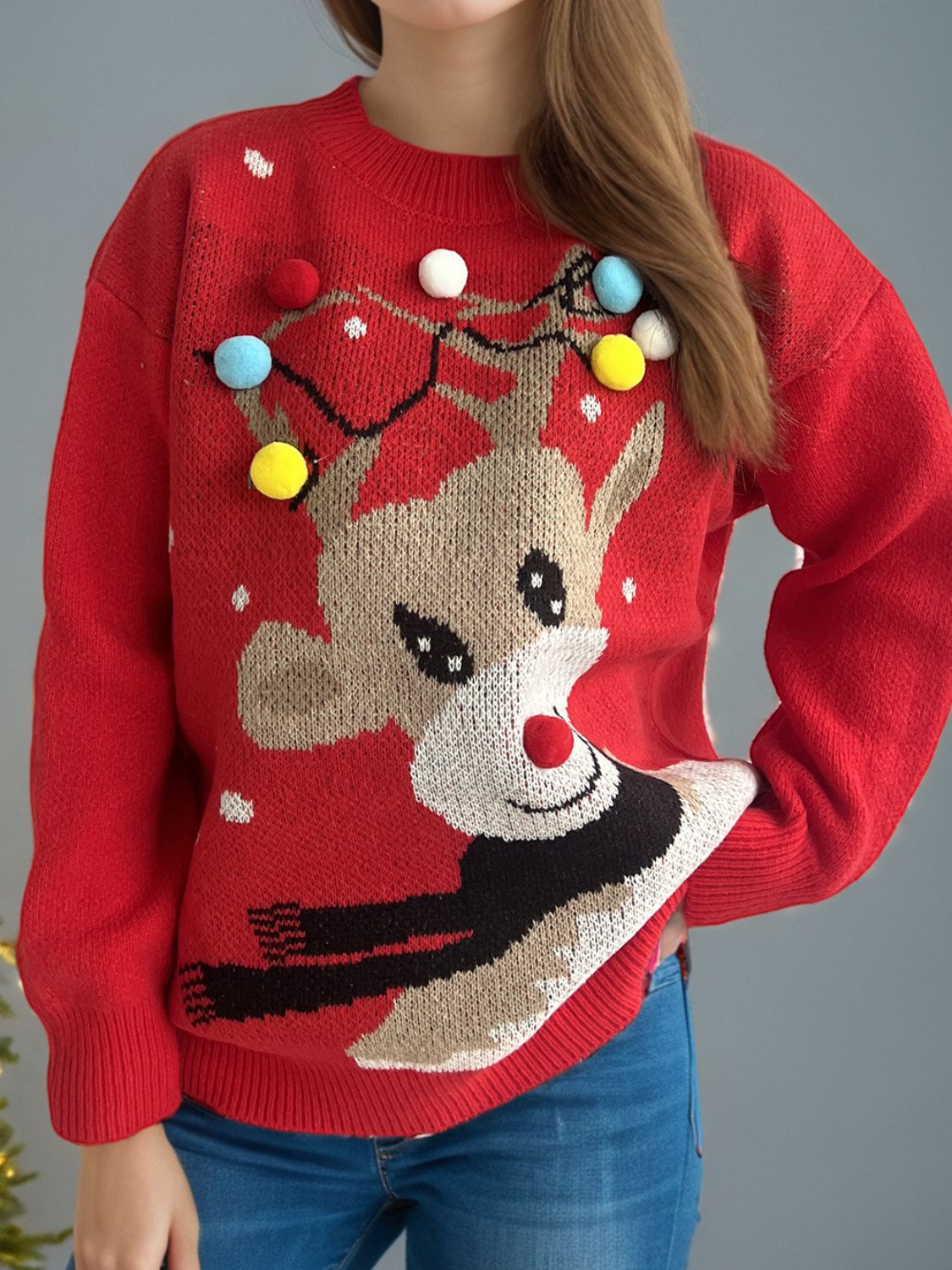 Reindeer Round Neck Long Sleeve Sweater - Sydney So Sweet