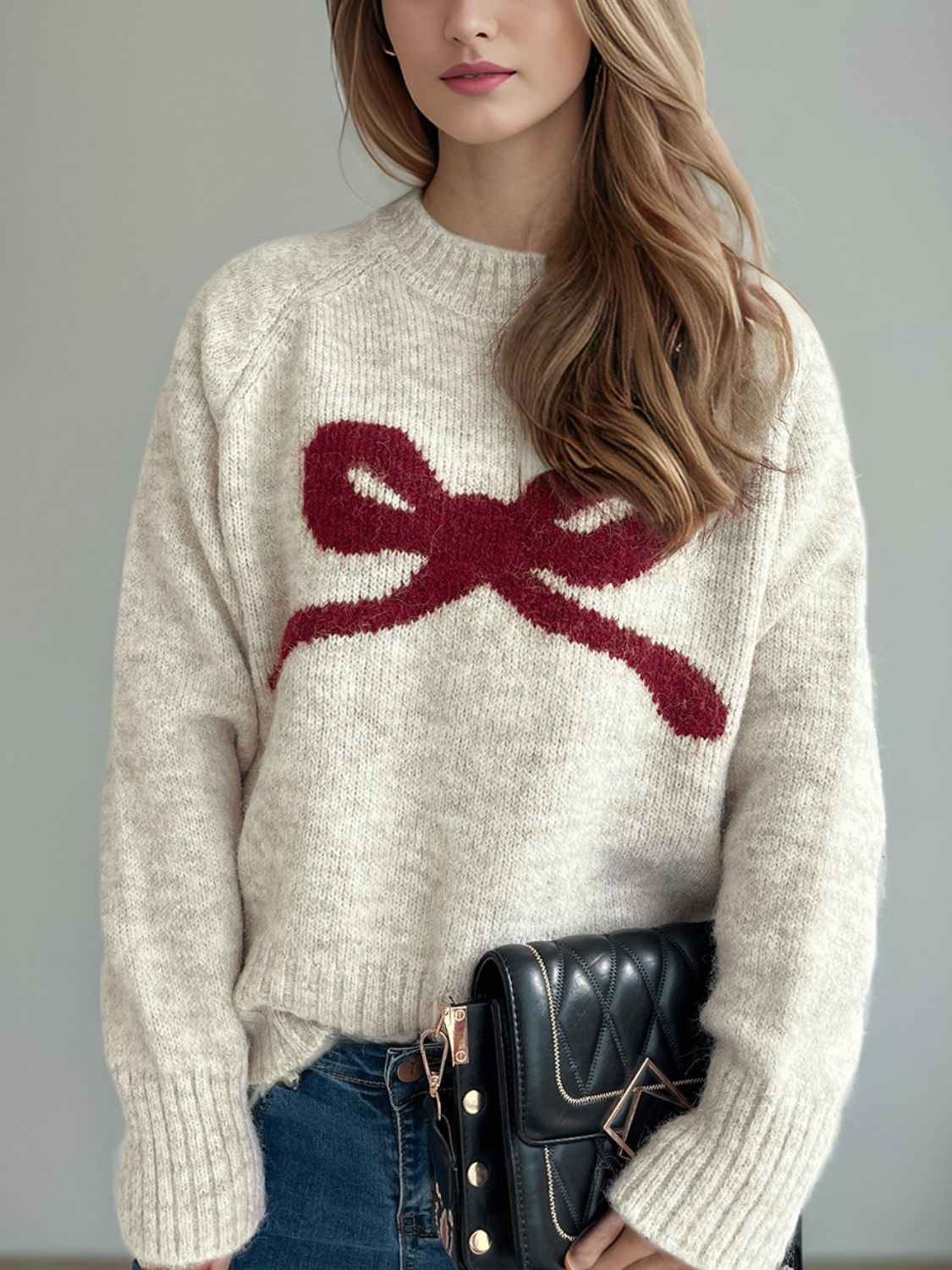 Bow Round Neck Long Sleeve Sweater - Sydney So Sweet