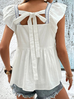 Tied Embroidered Ruffled Square Neck Cap Sleeve Blouse - Sydney So Sweet