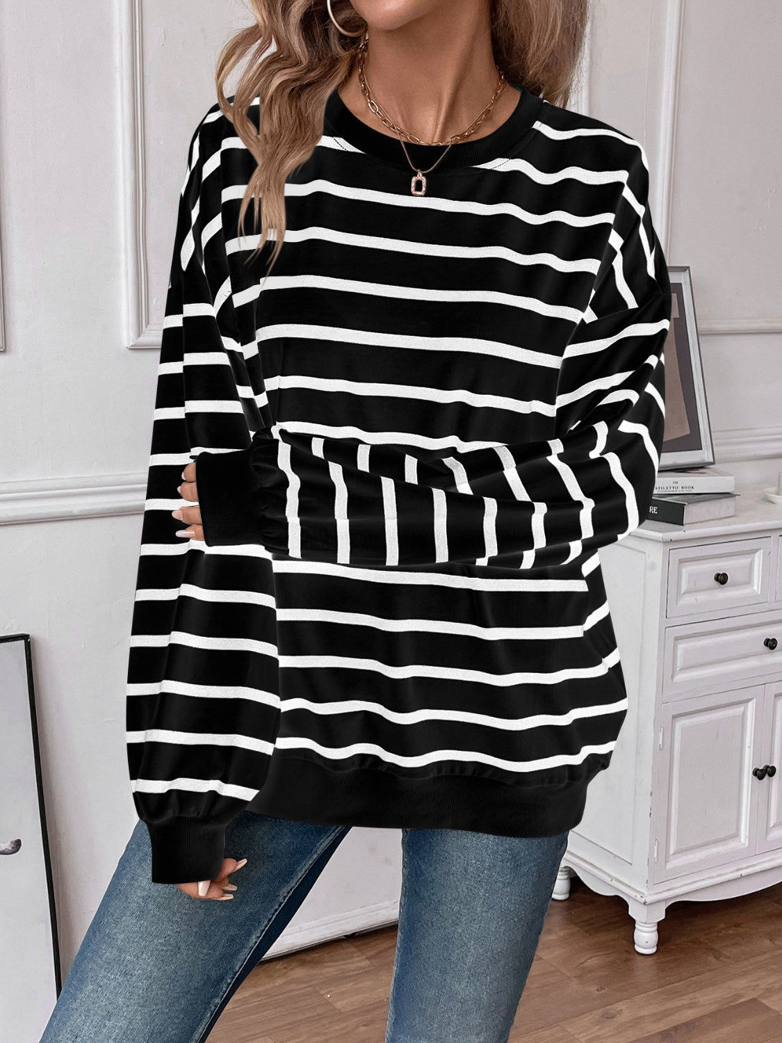 Striped Round Neck Long Sleeve Sweatshirt - Sydney So Sweet