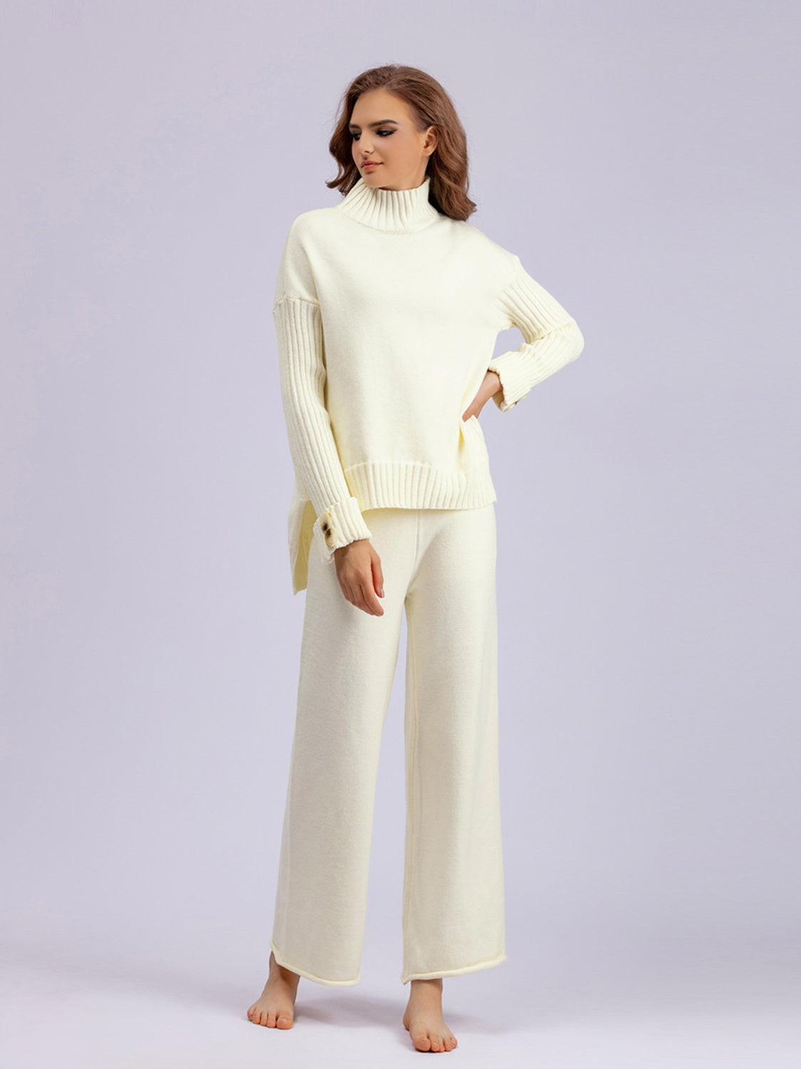 Basic Bae High- Low Turtleneck Long Sleeve Top and Pants Sweater Set - Sydney So Sweet