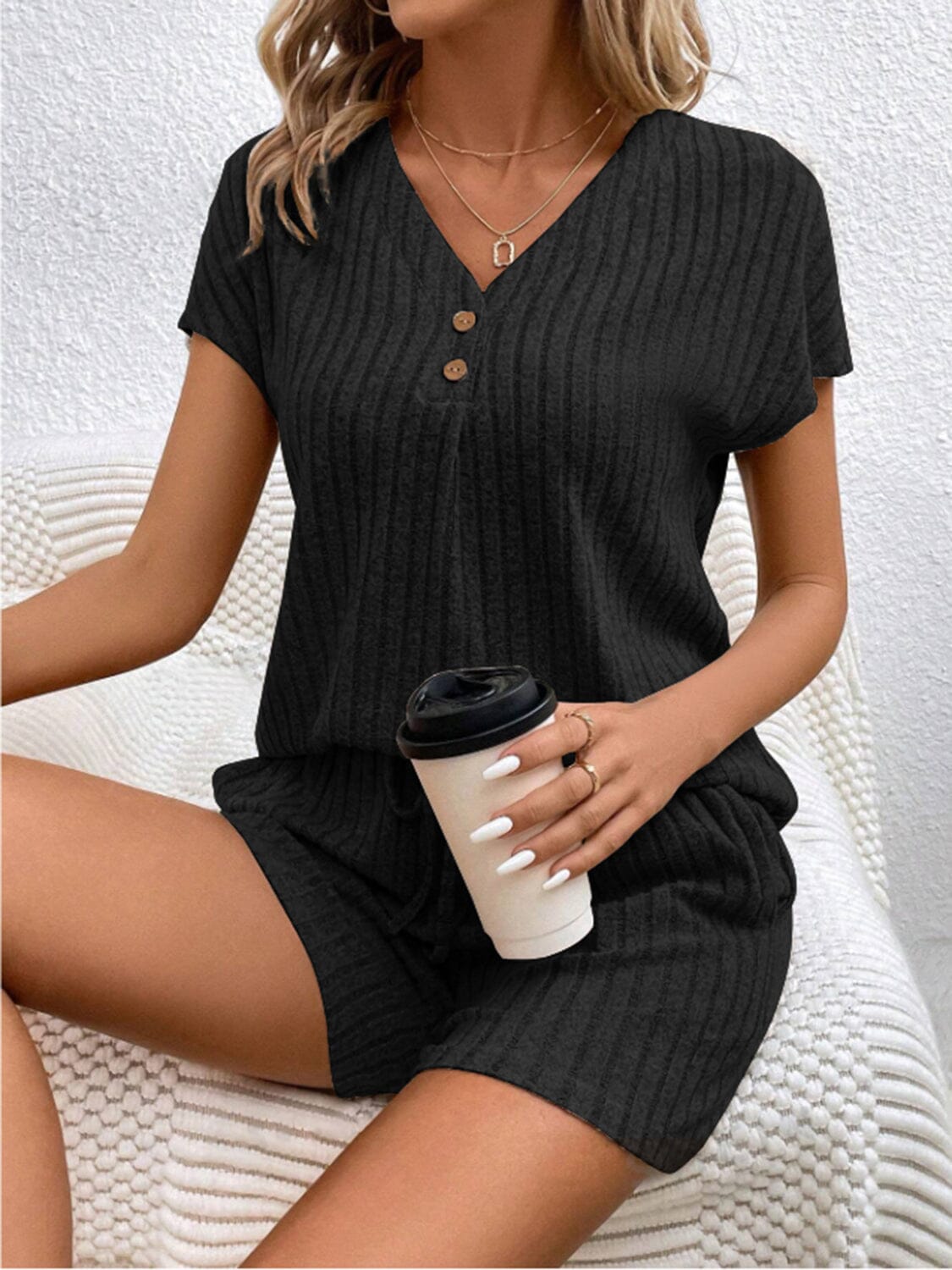 Ribbed V-Neck Top and Shorts Set - Sydney So Sweet