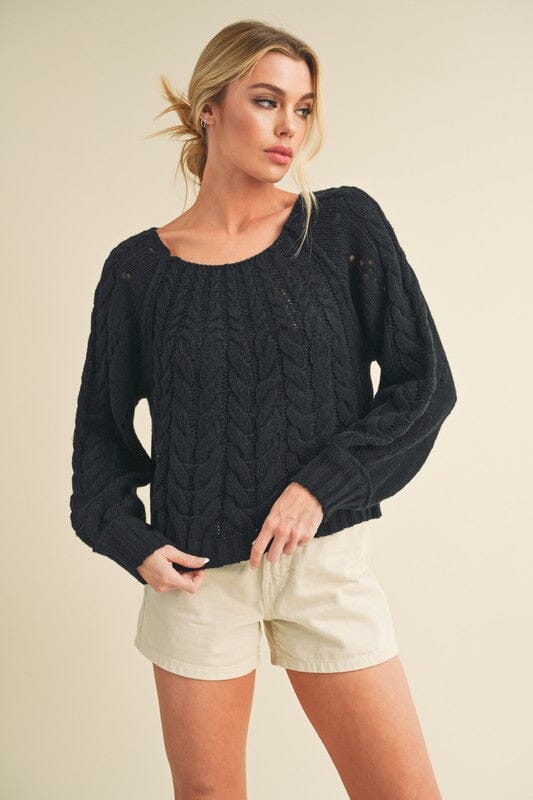 Aemi + Co Cable-Knit Openwork Round Neck Sweater - Sydney So Sweet