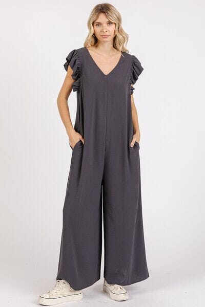 Mittoshop V-Neck Ruffled Cap Sleeve Wide Leg Jumpsuit - Sydney So Sweet