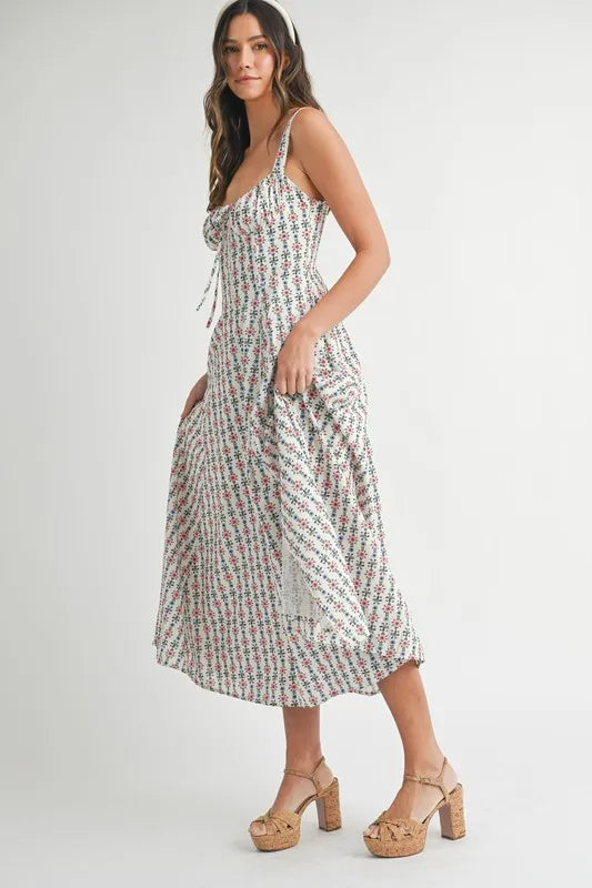MABLE Floral Print Bustier Back Lace Up Midi Dress - Sydney So Sweet