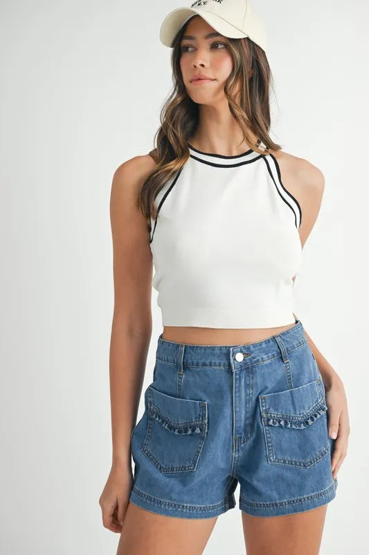 MABLE Contrast Trim Grecian Neck Cropped Tank - Sydney So Sweet
