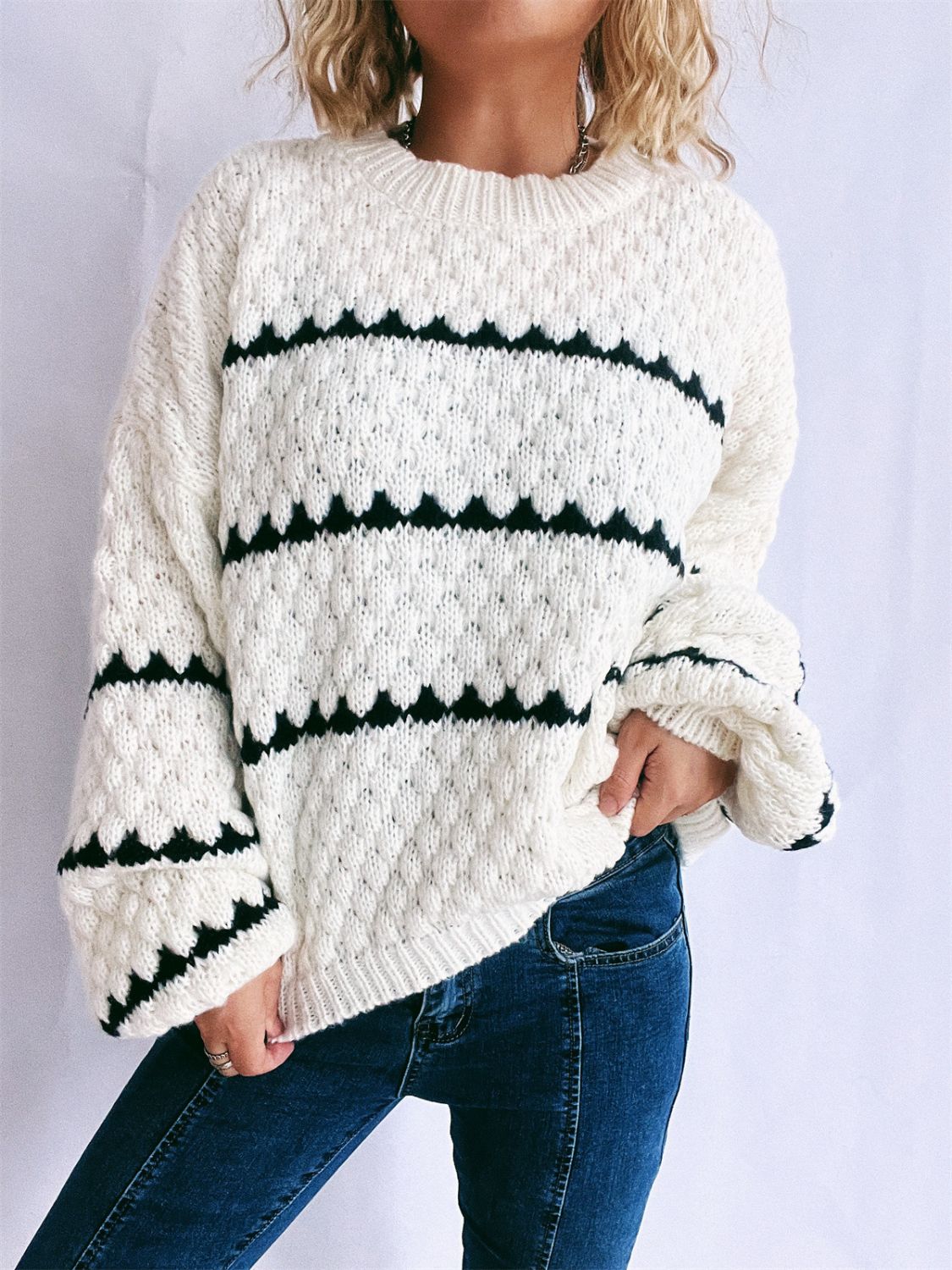 Contrast Stripes Round Neck Long Sleeve Sweater - Sydney So Sweet