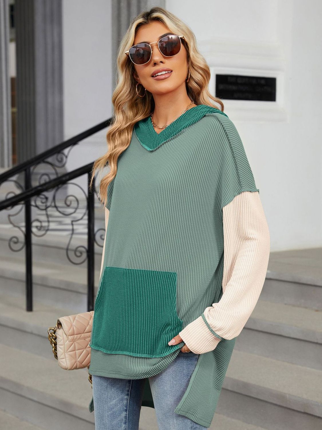 Double Take Contrast Hooded Long Sleeve Top - Sydney So Sweet