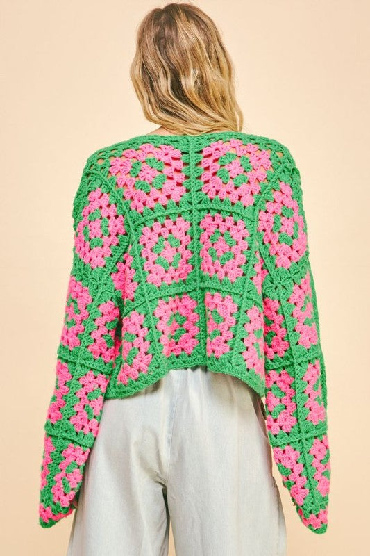 Davi & Dani Full Size Two Tone Flower Square Crochet Open Front Cardigan - Sydney So Sweet