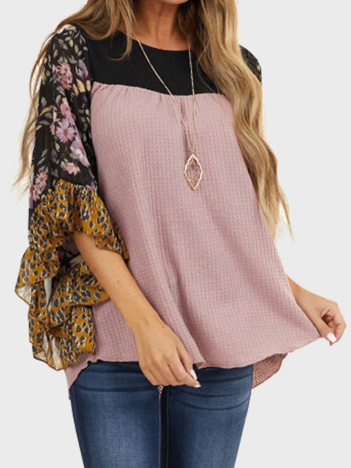 Full Size Printed Round Neck Three-Quarter Sleeve Blouse - Sydney So Sweet