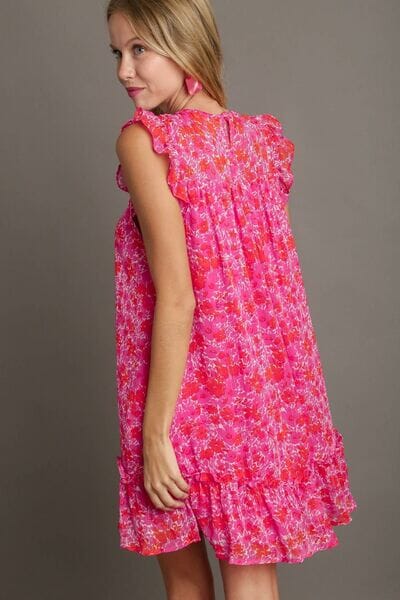 Umgee Full Size Smocked Detail Floral Metallic Ruffle Cap Sleeve Dress Plus Size - Sydney So Sweet