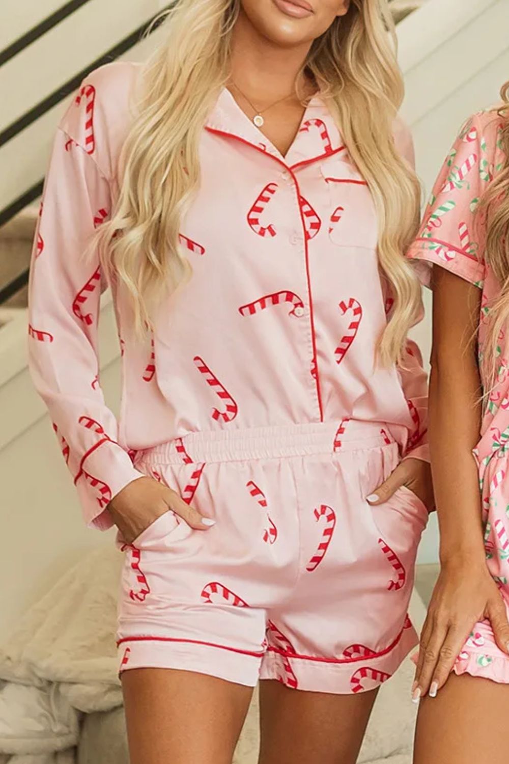 Candy Cane Collared Neck Long Sleeve Top and Shorts Lounge Set - Sydney So Sweet