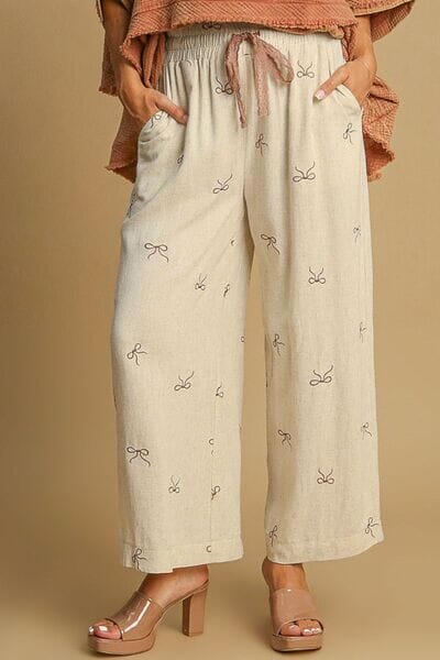 Umgee Full Size Lace Drawstring Embroidered Bow Wide Leg Pants Plus Size - Sydney So Sweet