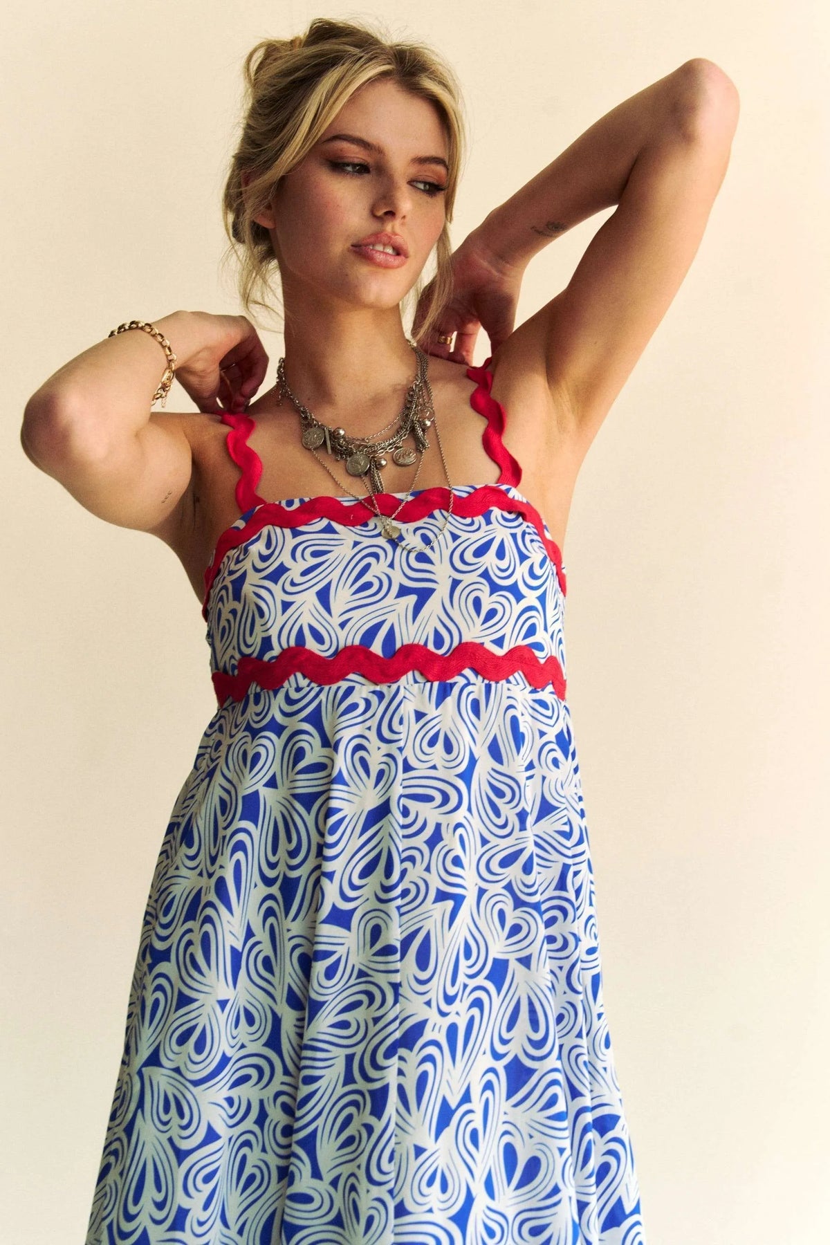 Davi & Dani Geo 2 Tone Printed Wavi Trim Tiered Maxi Dress - Sydney So Sweet