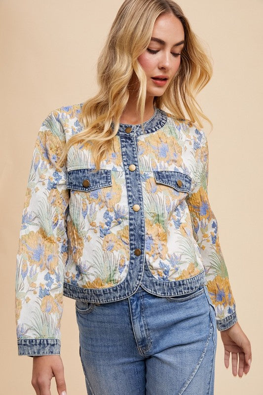 Annie Wear Floral Jacquard Denim Contrast Button Down Jacket - Sydney So Sweet