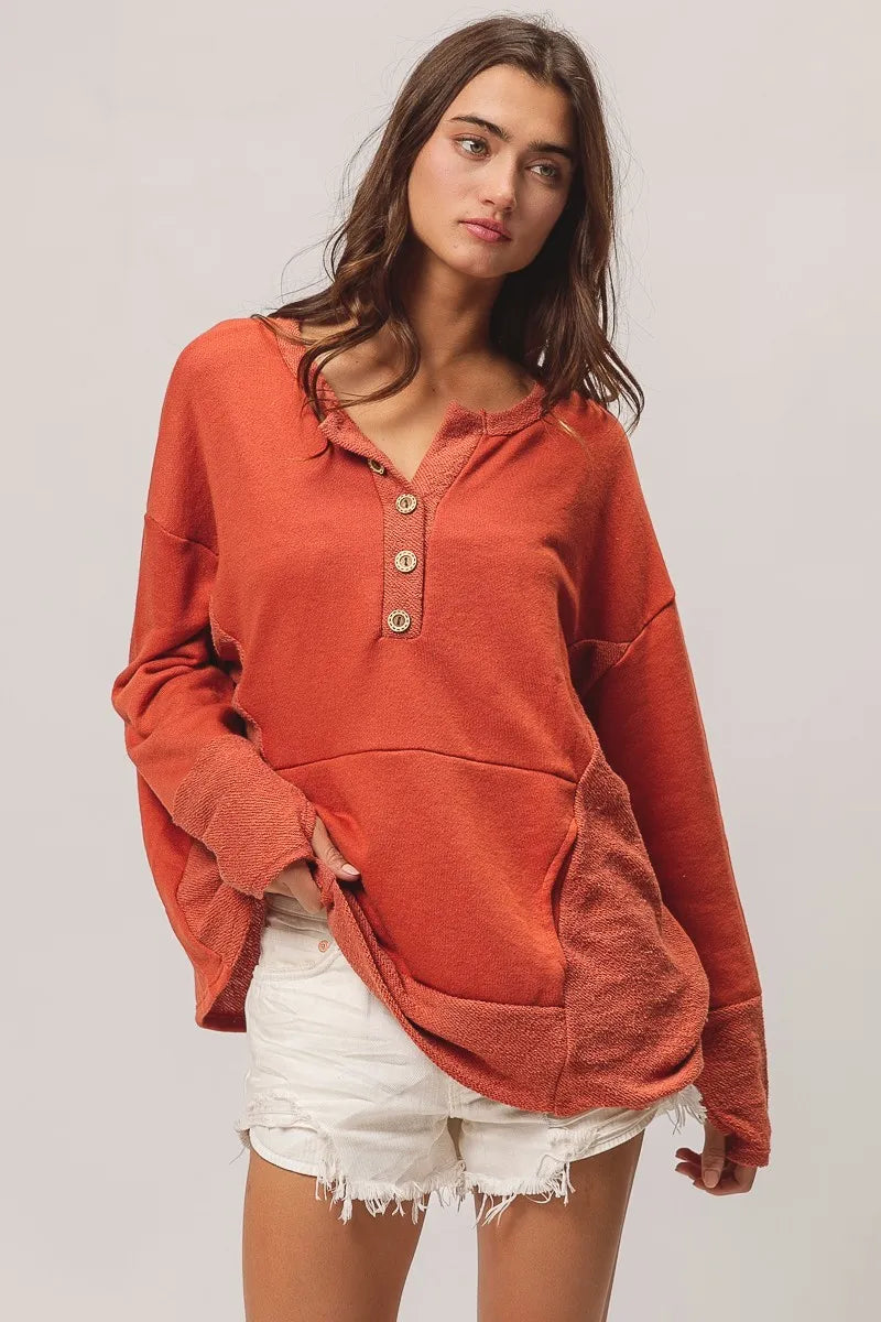 BiBi French Terry Knit Side Block Buttoned Henley Top - Sydney So Sweet