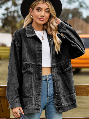 Dropped Shoulder Denim Jacket with Pockets - Sydney So Sweet